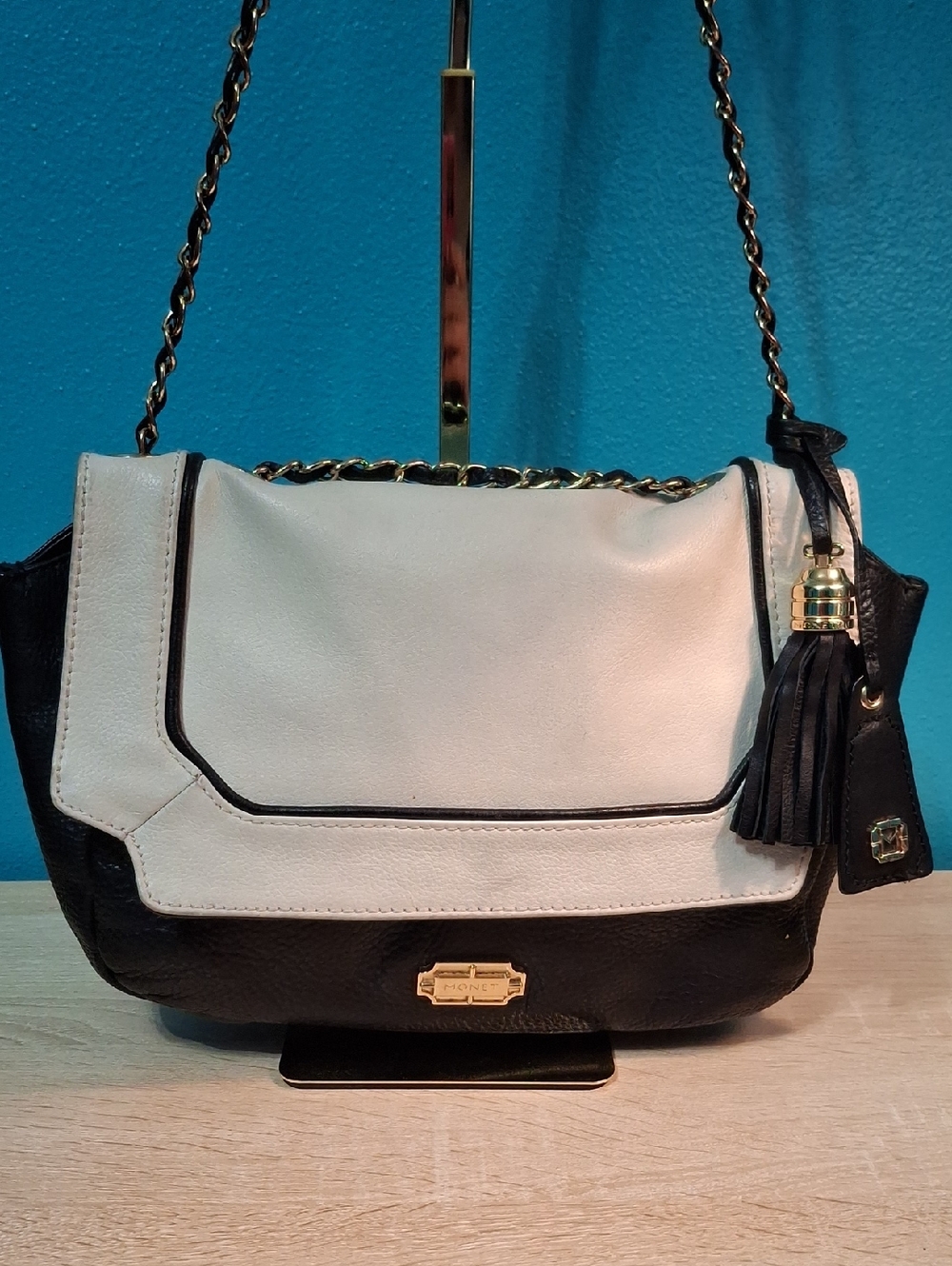 Monet Black and Cream Colorblock Shoulder/Crossbody Bag With Chain Accent Vintag
